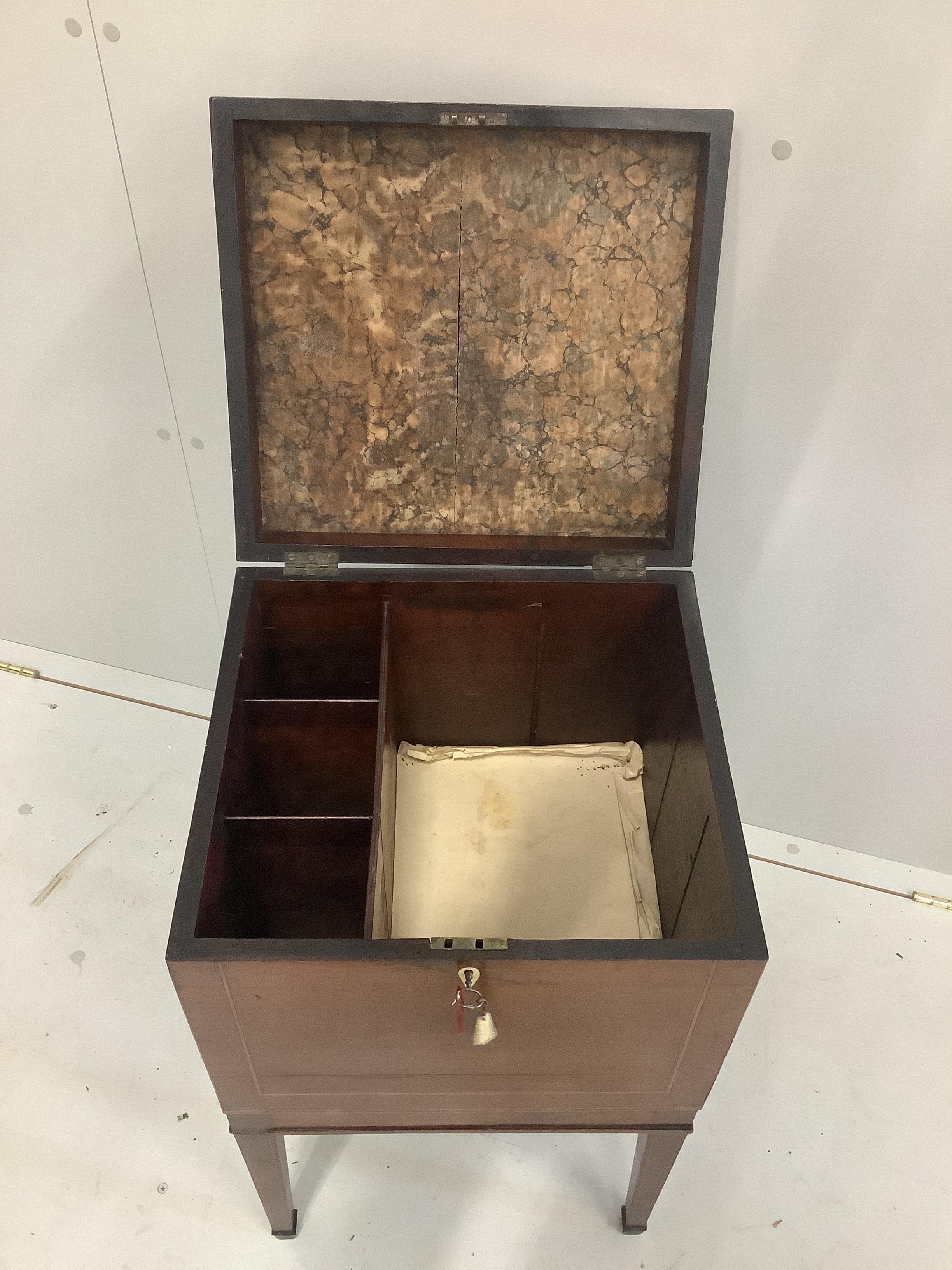 A George III crossbanded mahogany cellarette with partially divided interior and ivory lock escutcheon, width 38cm, CITES Submission reference: Y5M3GZ9T